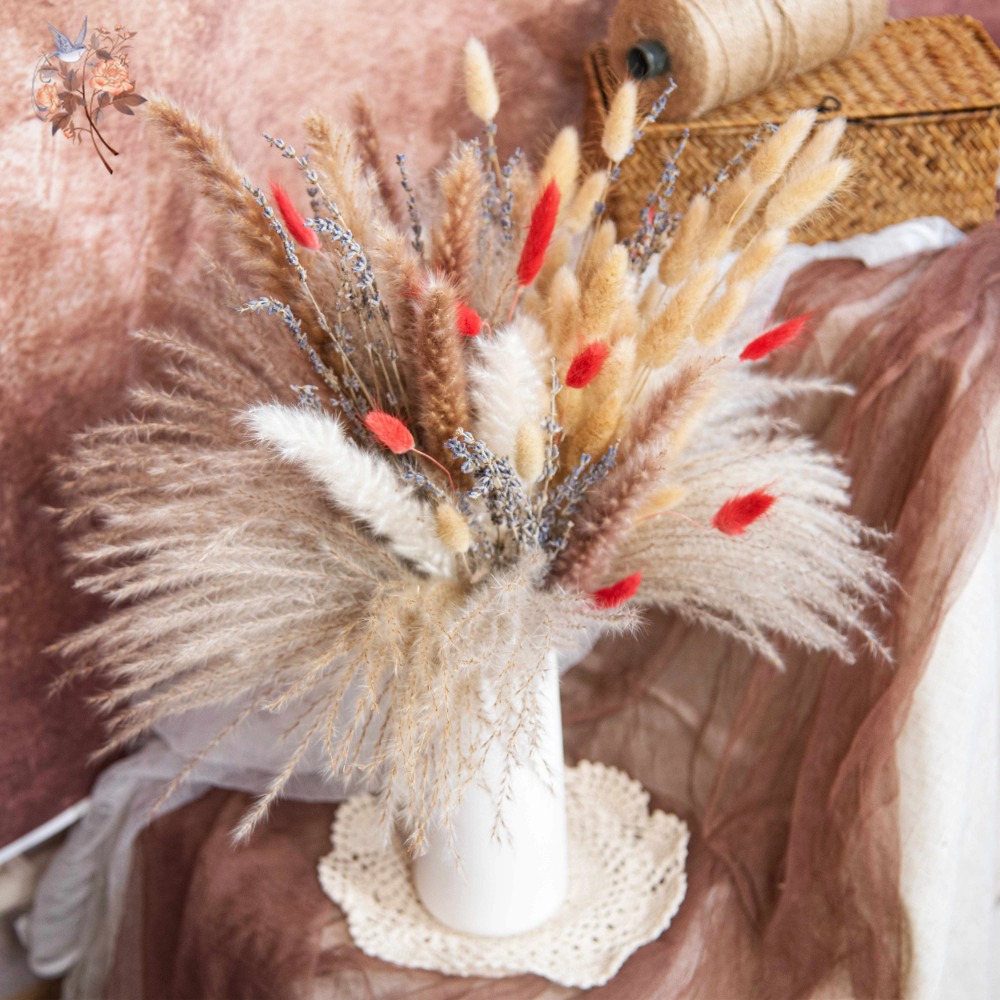 Pampas Grass Decor - Doğal Pampas Lavanta Kurutulmuş Yapay Çiçek