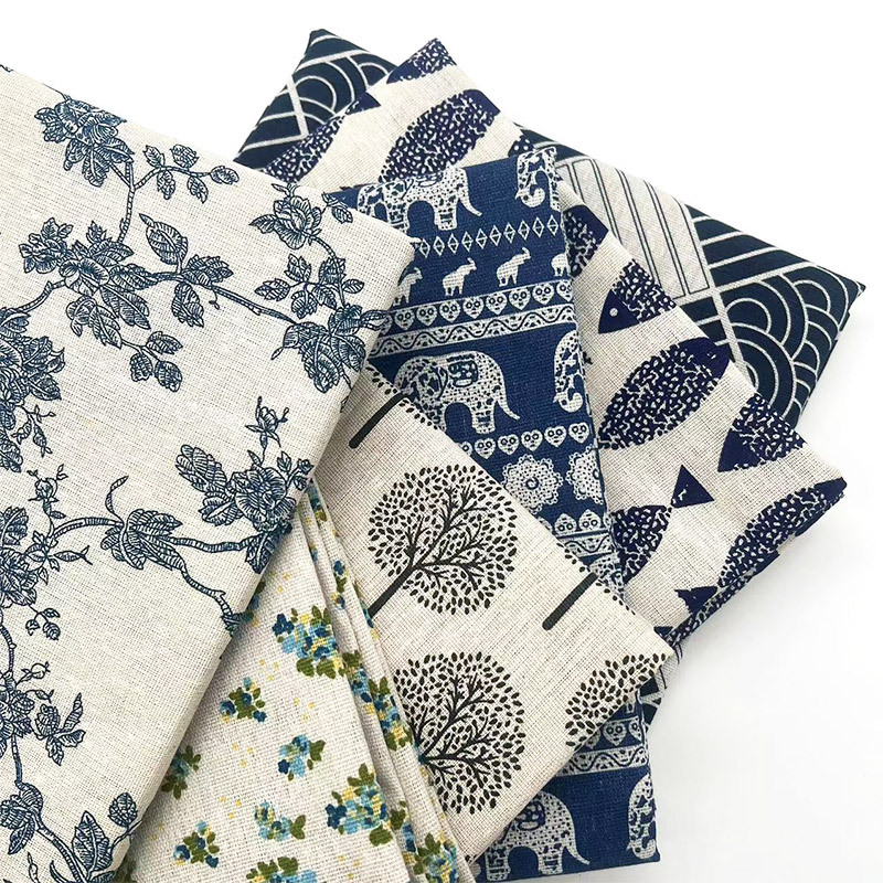 Linen Table Runner - Vintage Mavi Çiçekli Pamuklu Keten Kumaş,